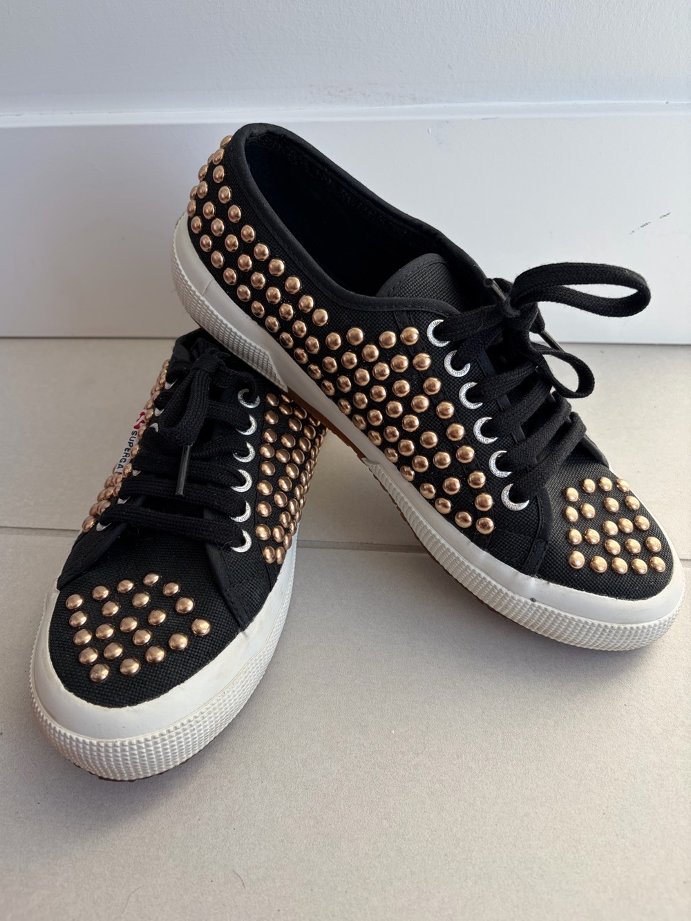 Superga Black Gold Studded Canvas Low Top Sneakers Shoes | Size 39.5